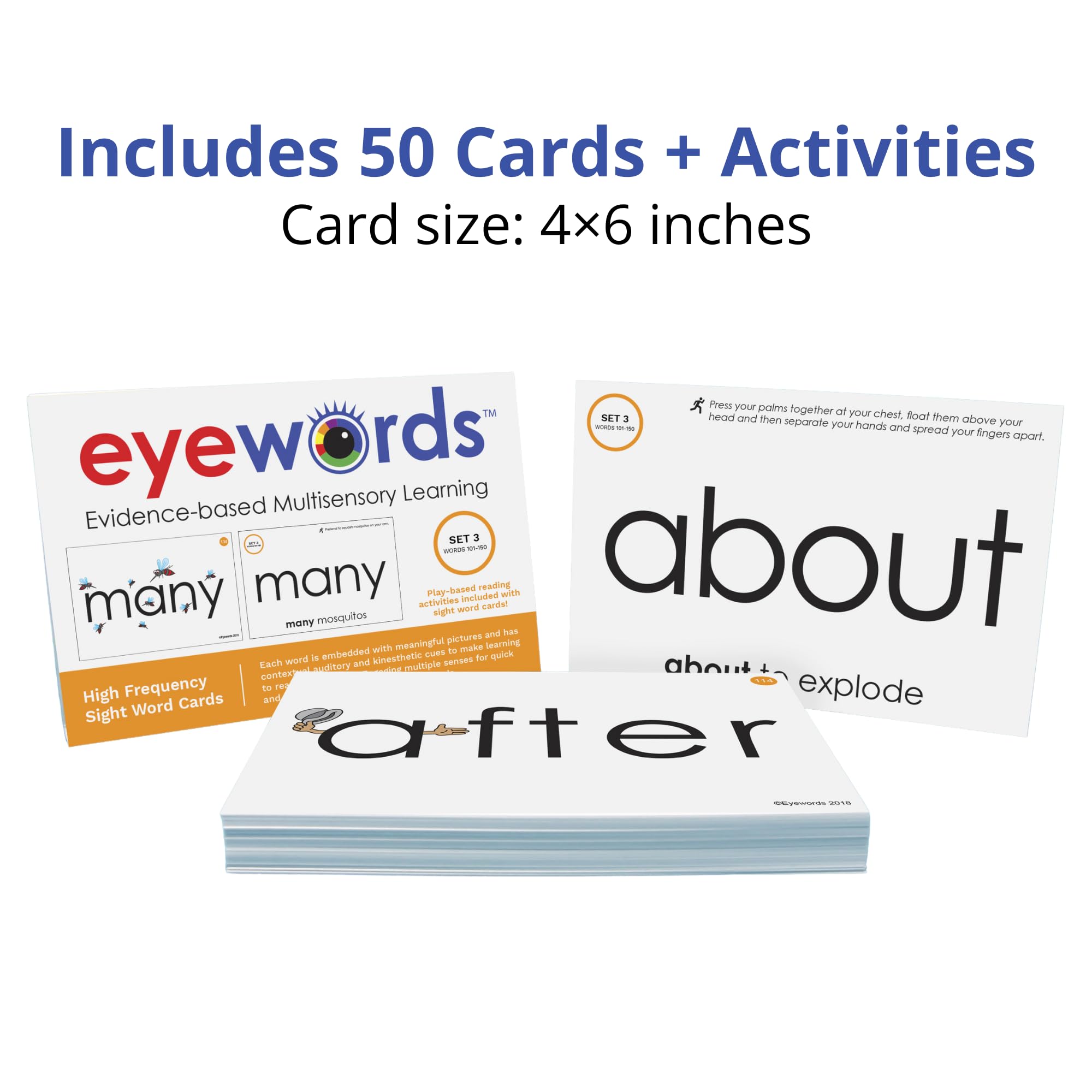 Eyewords Set 3 back text-only with action cue reinforces decoding during practice.