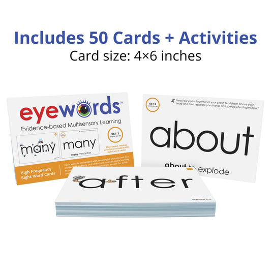 Eyewords Set 3 back text-only with action cue reinforces decoding during practice.