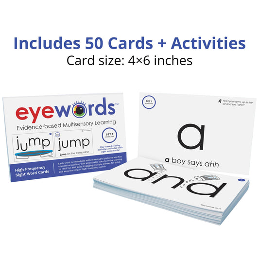 Eyewords sight word cards back view with text prompts for independent practice.