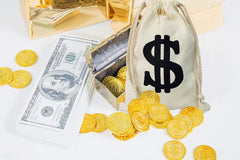 Eyllaaoo dollar-sign design on money bag adds festive costume flair.