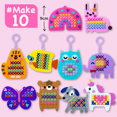 EZCRA kids embroidery starter set showing 10 easy projects and pre-printed patterns
