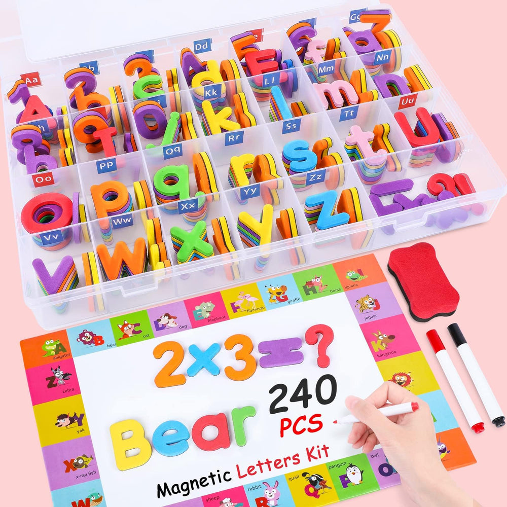 EZIGO 240Pcs magnetic letters kit in vibrant colors for engaging spelling practice.