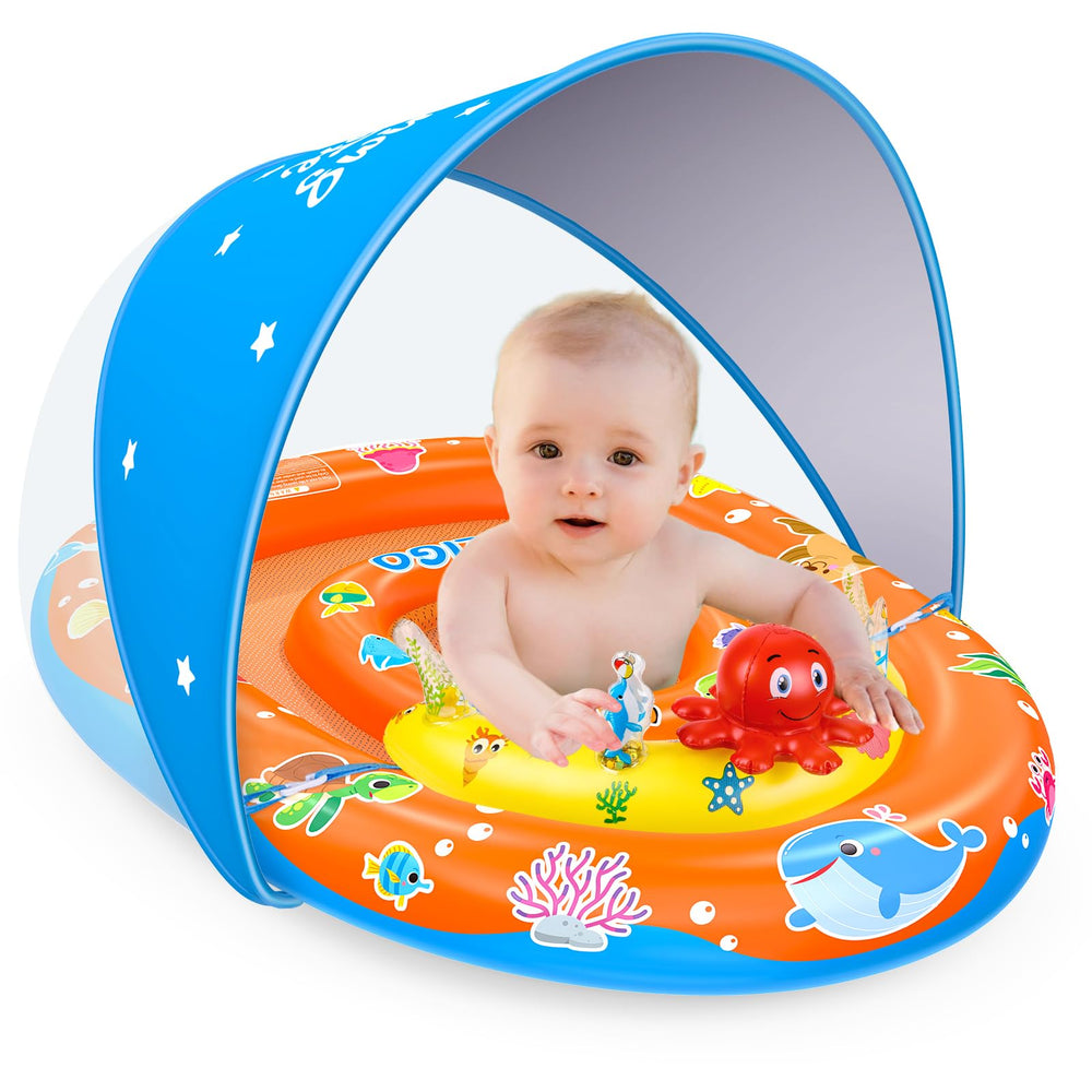 EZIGO baby pool float with canopy offering shade and sun protection for infants