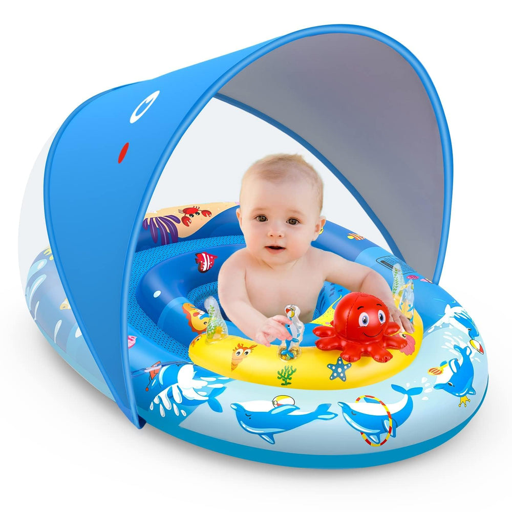 EZIGO baby pool float with canopy shading the child during a sunny swim