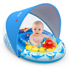 EZIGO baby pool float with canopy shading the child during a sunny swim