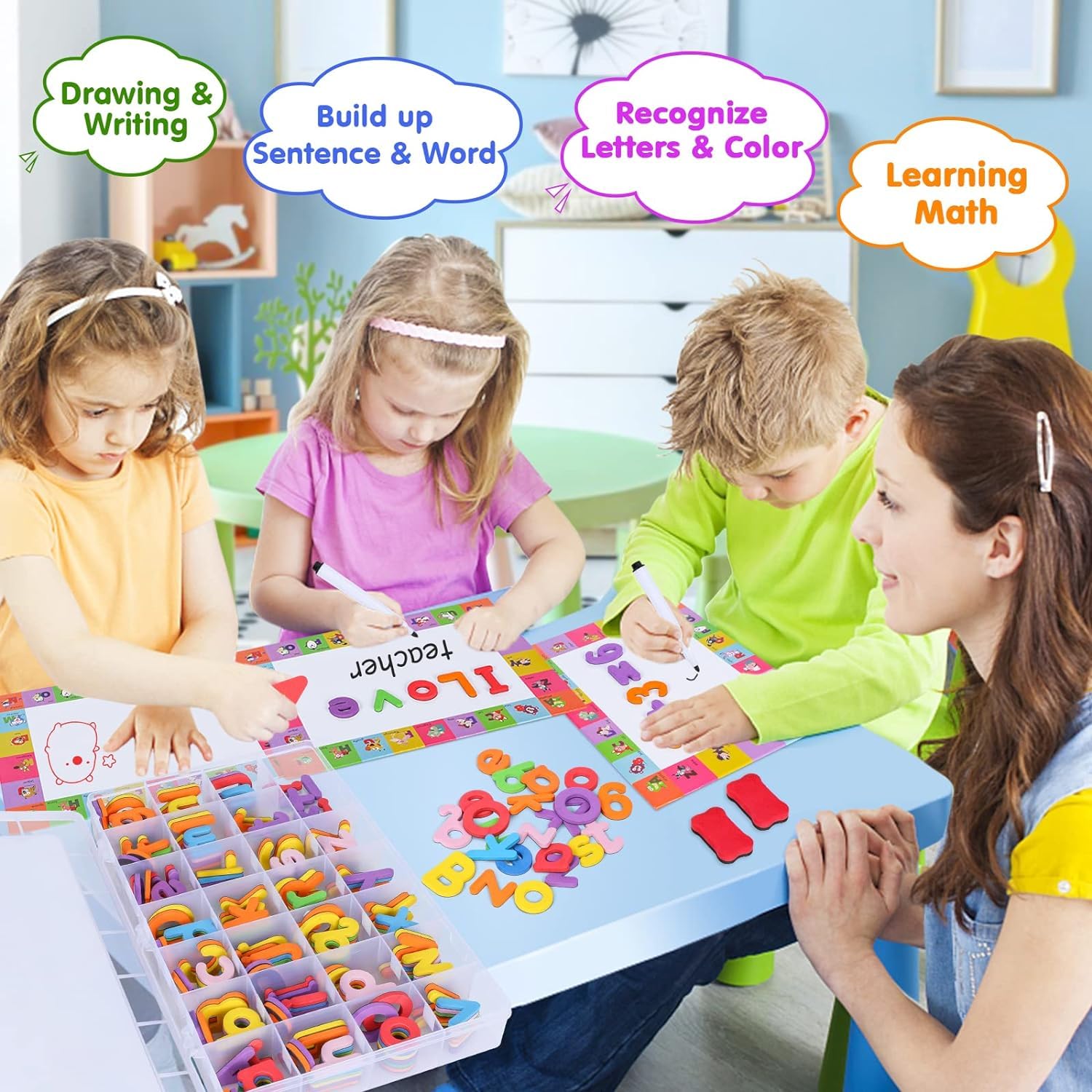 EZIGO colorful alphabet magnets on board for classroom learning.