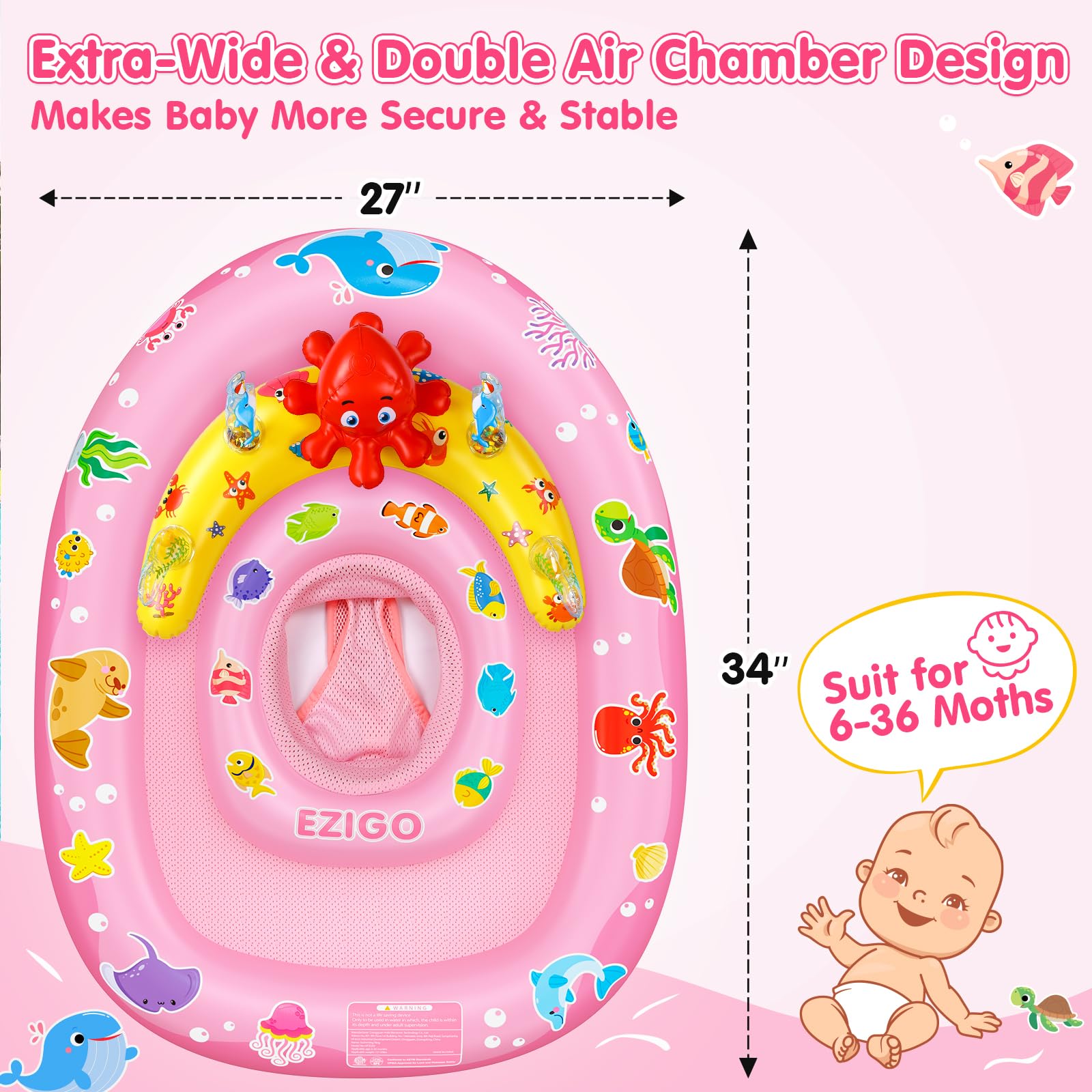 EZIGO float features ocean animal toys to engage baby during water time