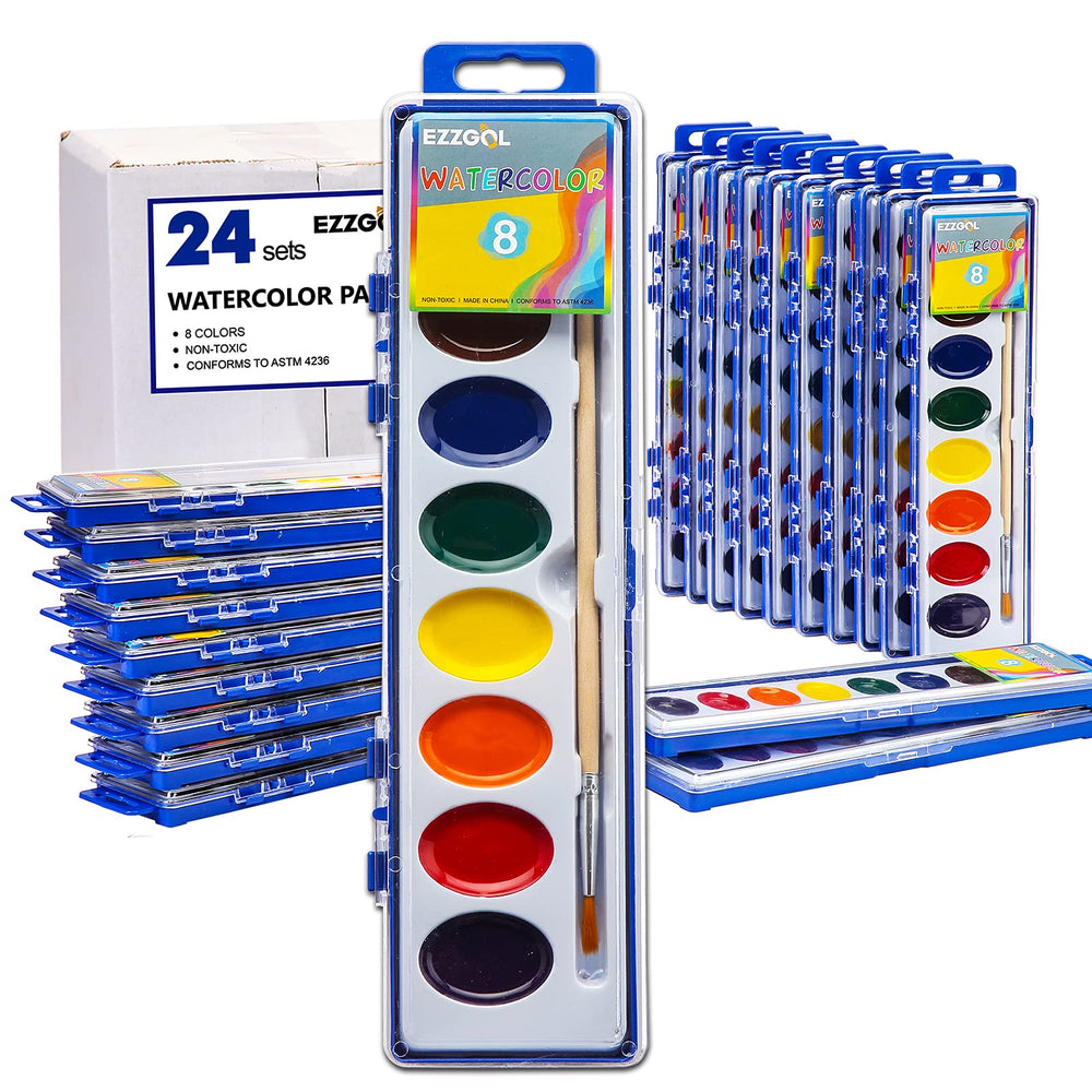 Ezzgol watercolor paints 24-pack with eight colors for versatile artwork.
