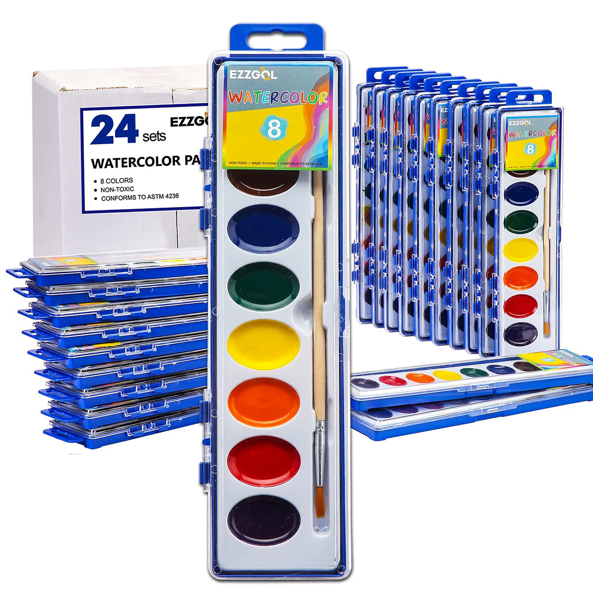 Ezzgol watercolor paints 24-pack with eight colors for versatile artwork.