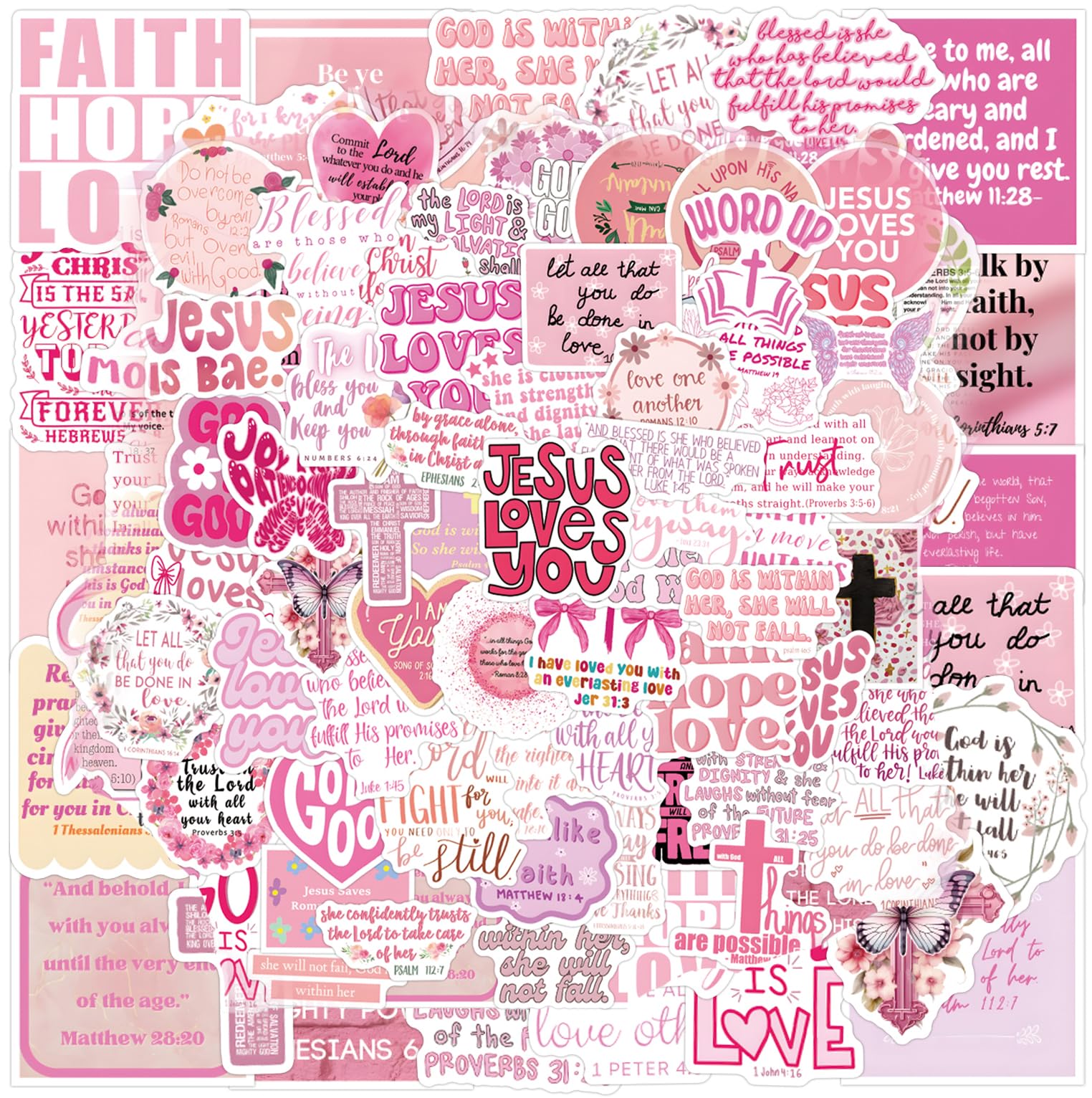 FAAFRW 100pc Bible Verse Stickers in pink tones for personal faith expression on multiple surfaces