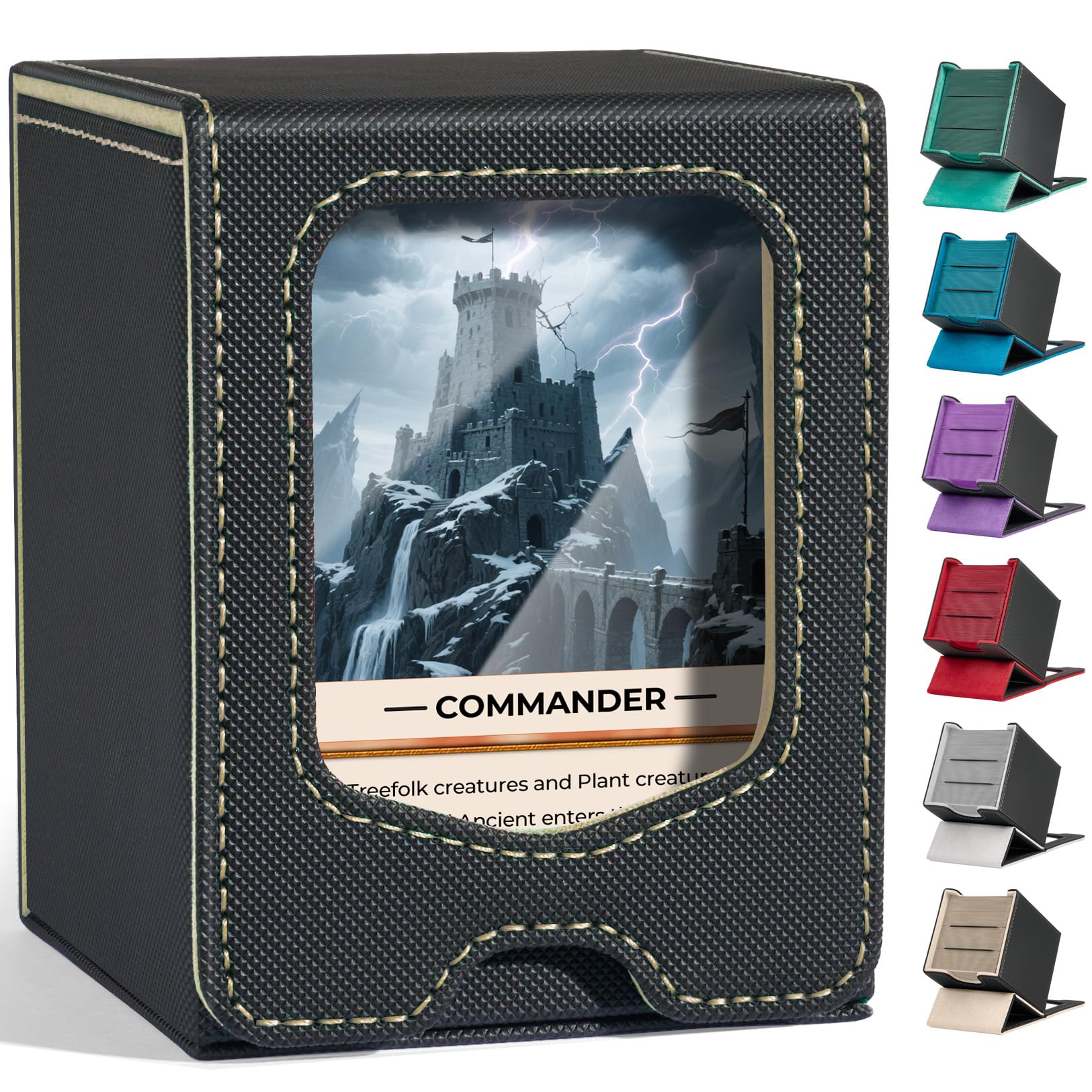 Fabmaker deck box with leader-view window enables quick card checks before play