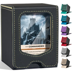 Fabmaker deck box with leader-view window enables quick card checks before play