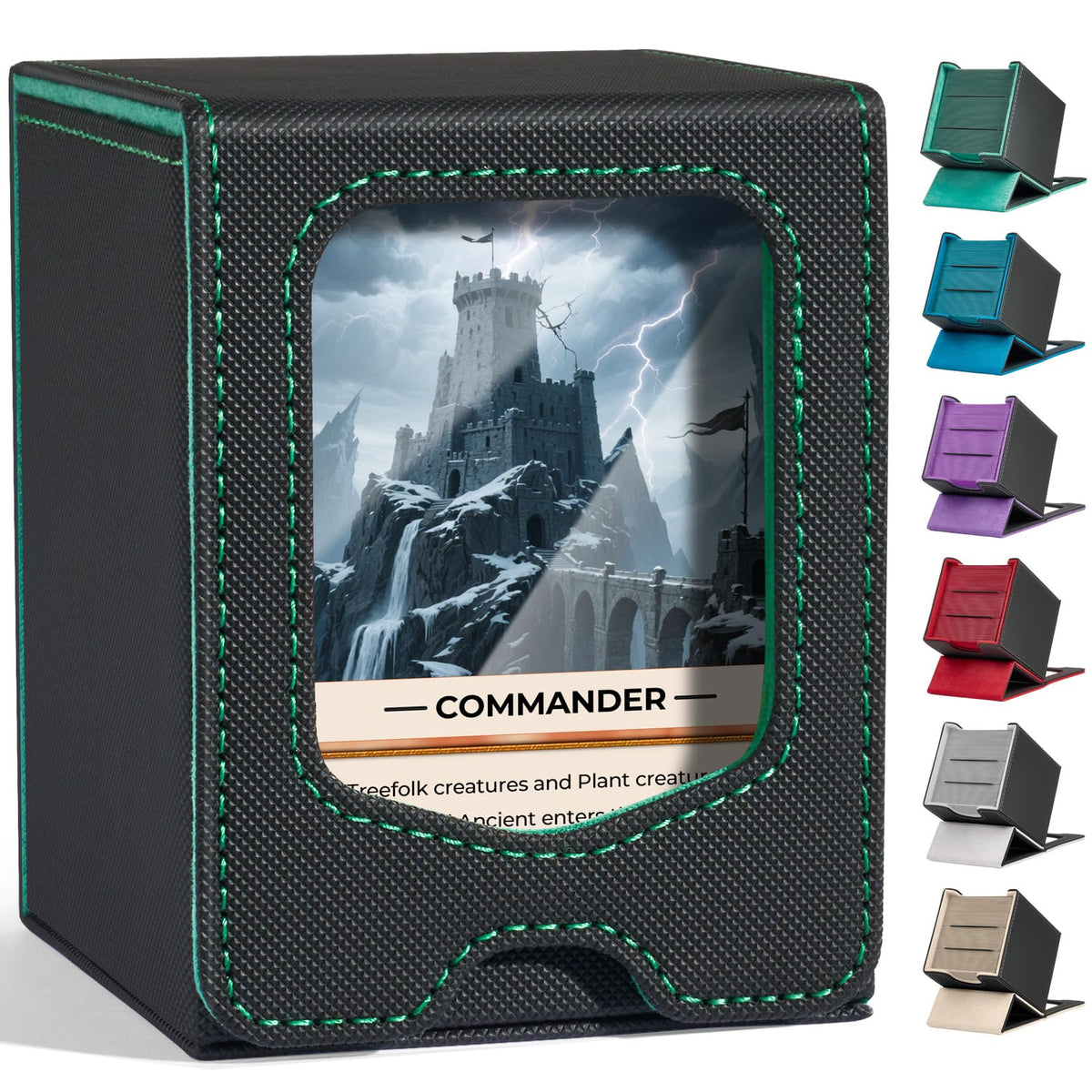 Fabmaker deck box with leader view window previews key cards at a glance