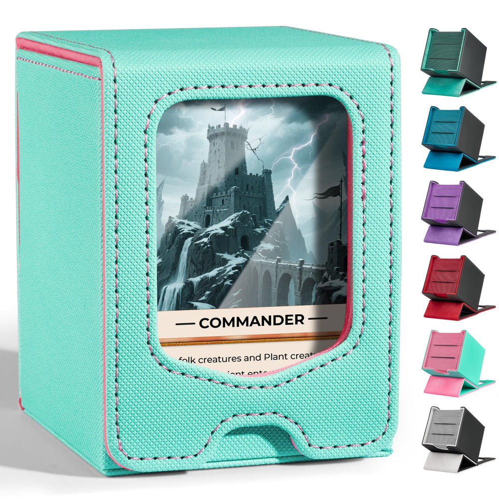 Fabmaker deck box with quick-view window showing key cards at a glance