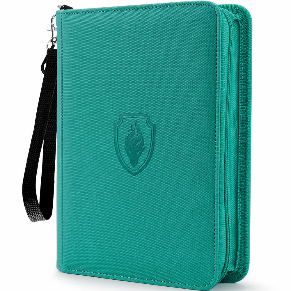 Fabmaker Premium 4-Pocket Binder front cover with protective padding and turquoise finish for cards