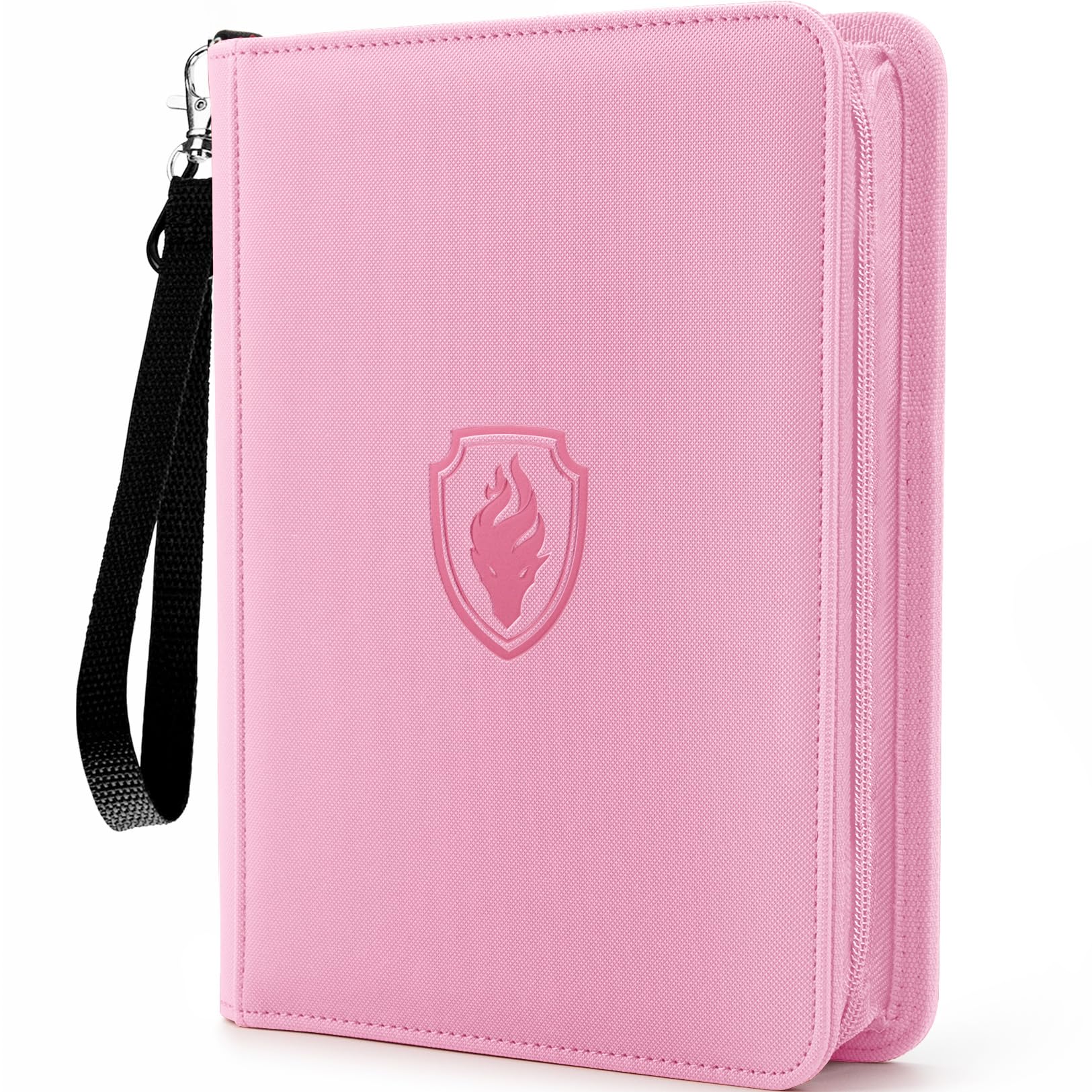 Fabmaker Premium 4-pocket zip card binder in pink, front view showing organized cards.