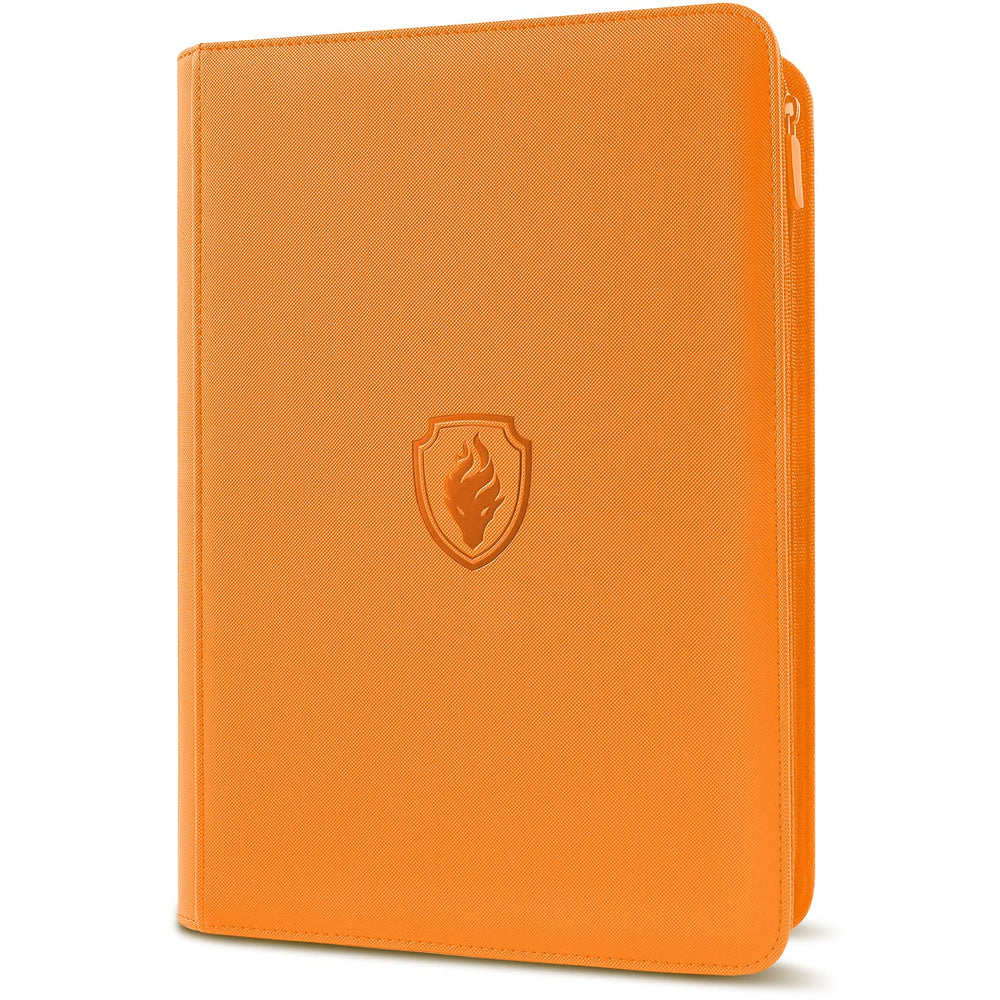Fabmaker Premium Zip Card Binder exterior in orange PU offers rugged protection for cards.