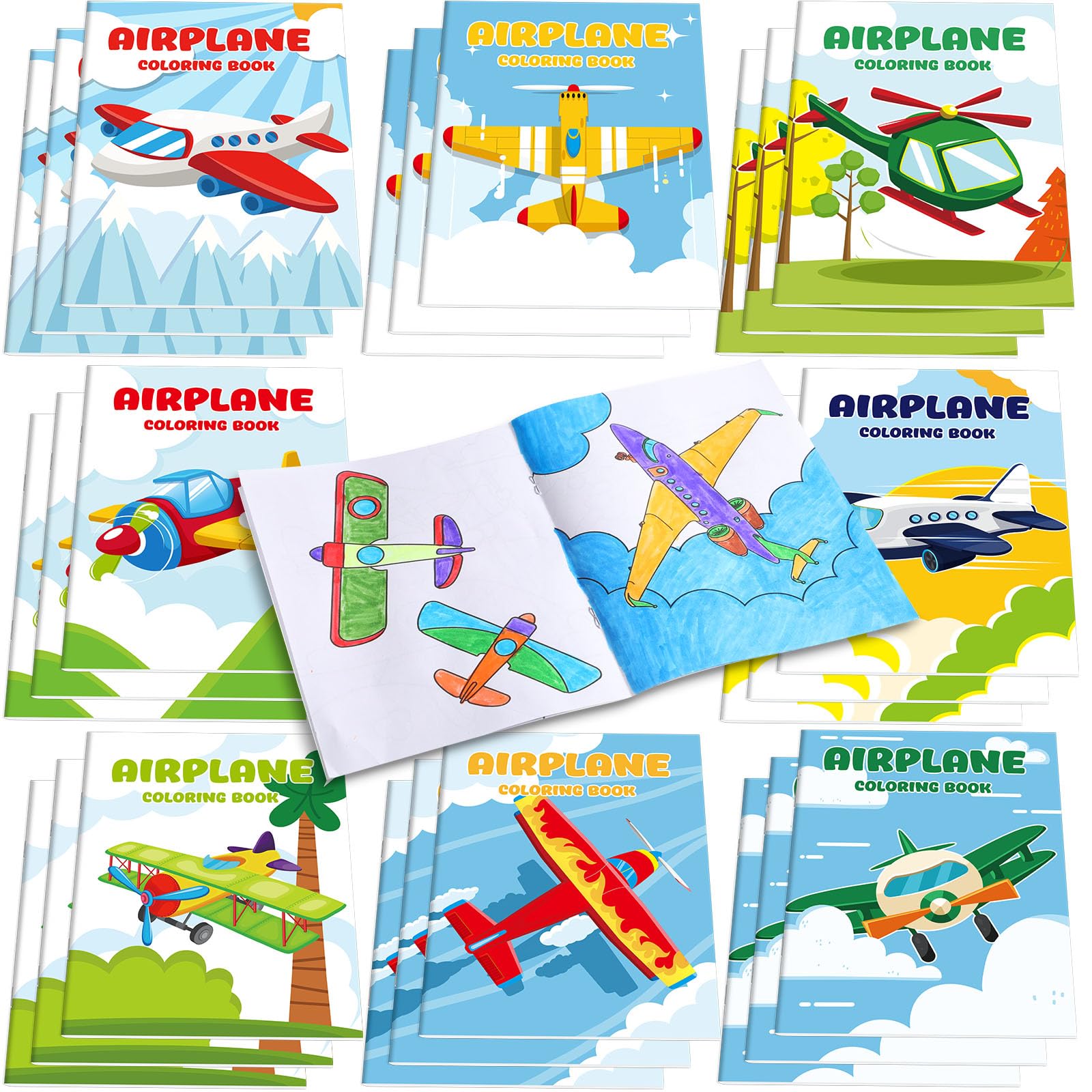 Faccito mini airplane coloring book set with 12 double‑sided pages, ideal for party favors.