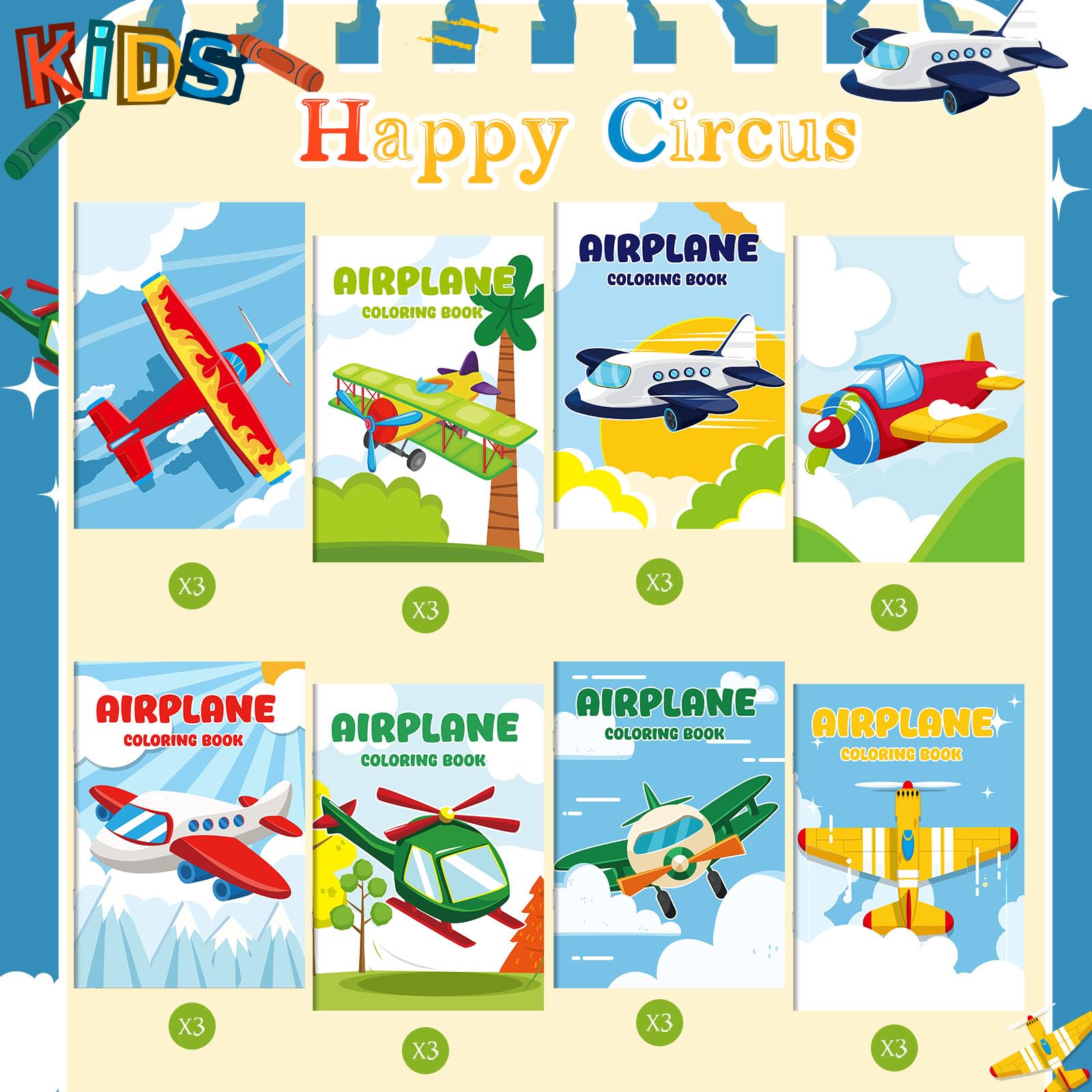 Faccito airplane coloring pages featuring helicopters, jets, and airships to spark creativity.
