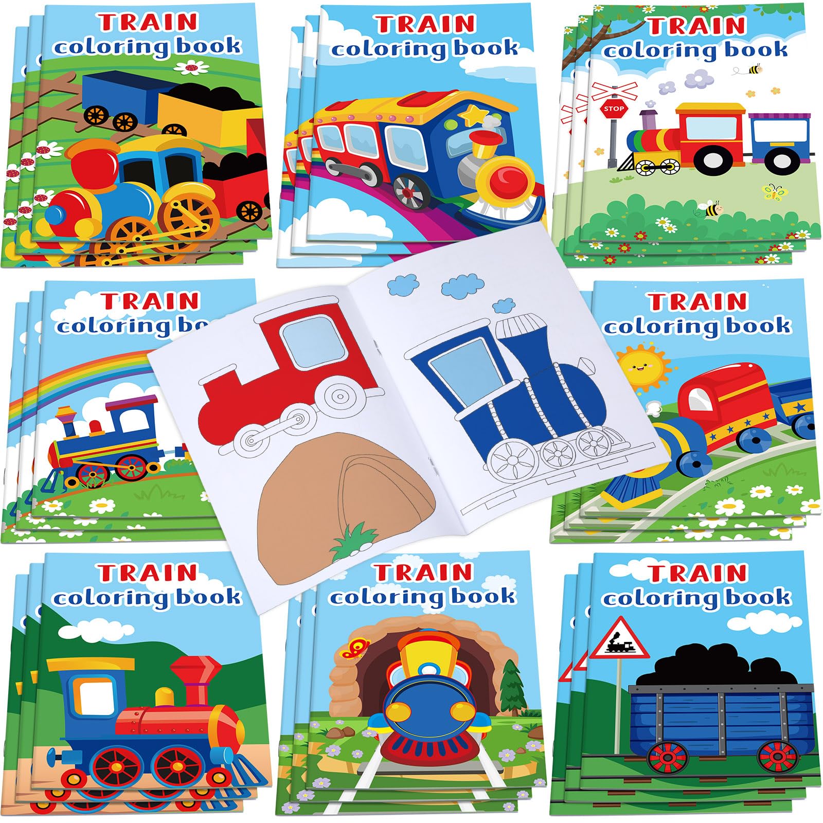 Faccito train coloring book cover illustration, great for party favors.