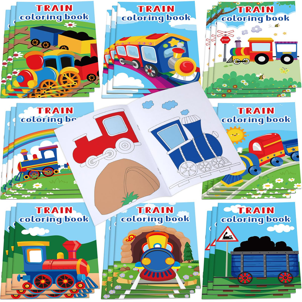Faccito train coloring book cover illustration, great for party favors.
