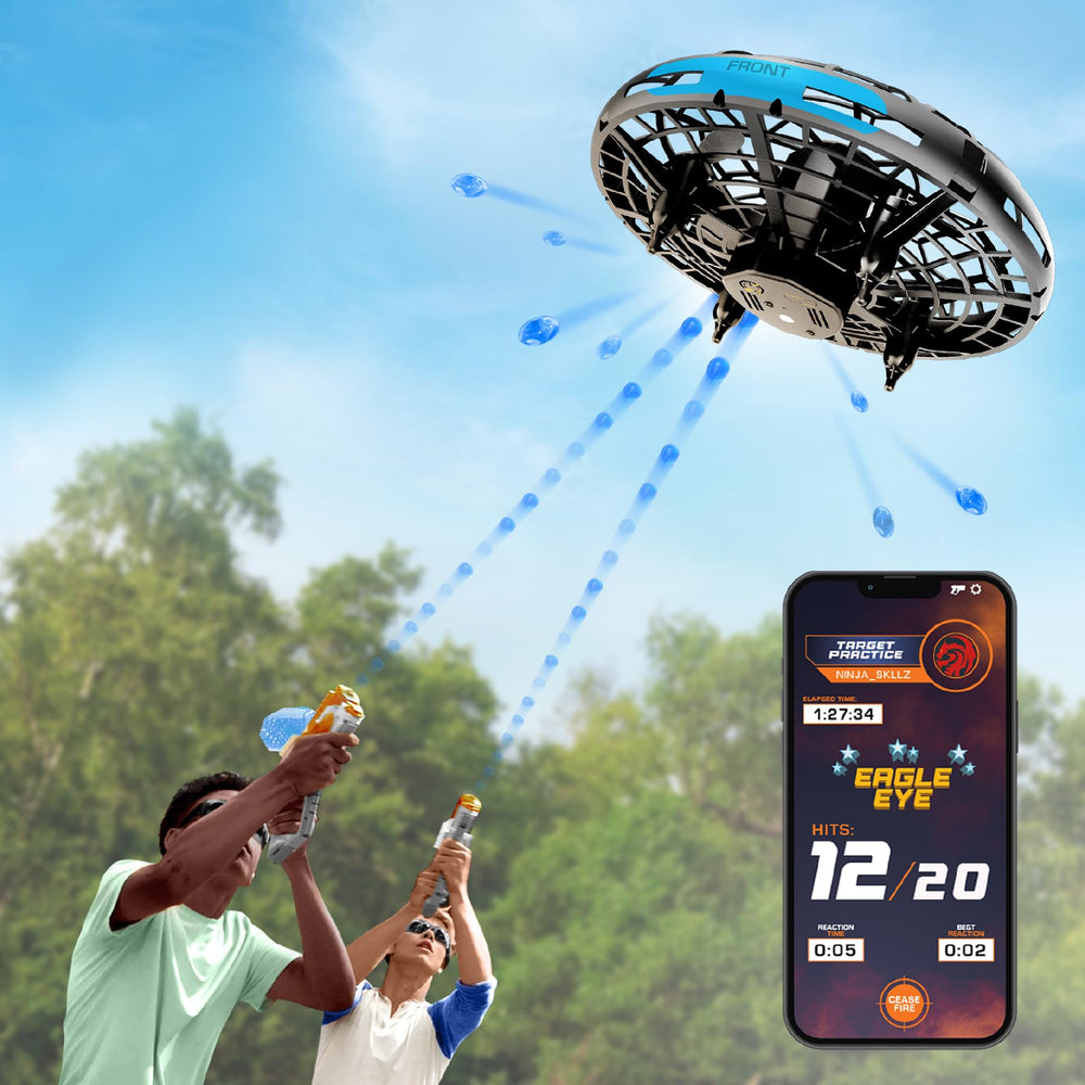 Faction Skyfire target drone in black hovering for hands-free target practice.