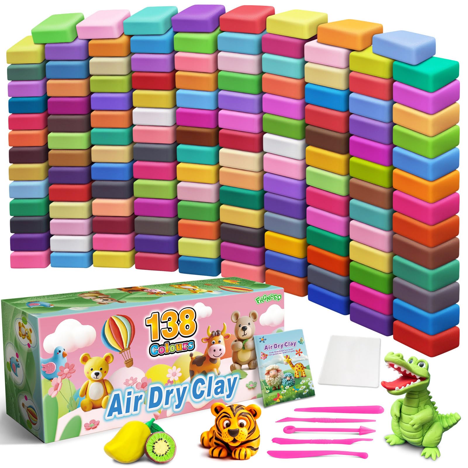 FAGNBED Air Dry Clay 138-color palette for vibrant, mix-and-match art projects.
