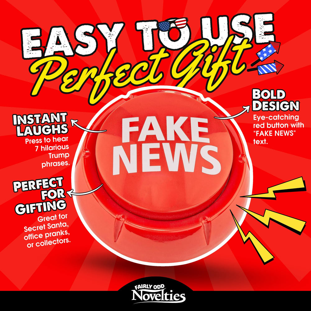 Fairly Odd Novelties Trumped Up Fake News Button close-up showing bold red color and playful vibe