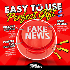 Fairly Odd Novelties Trumped Up Fake News Button close-up showing bold red color and playful vibe