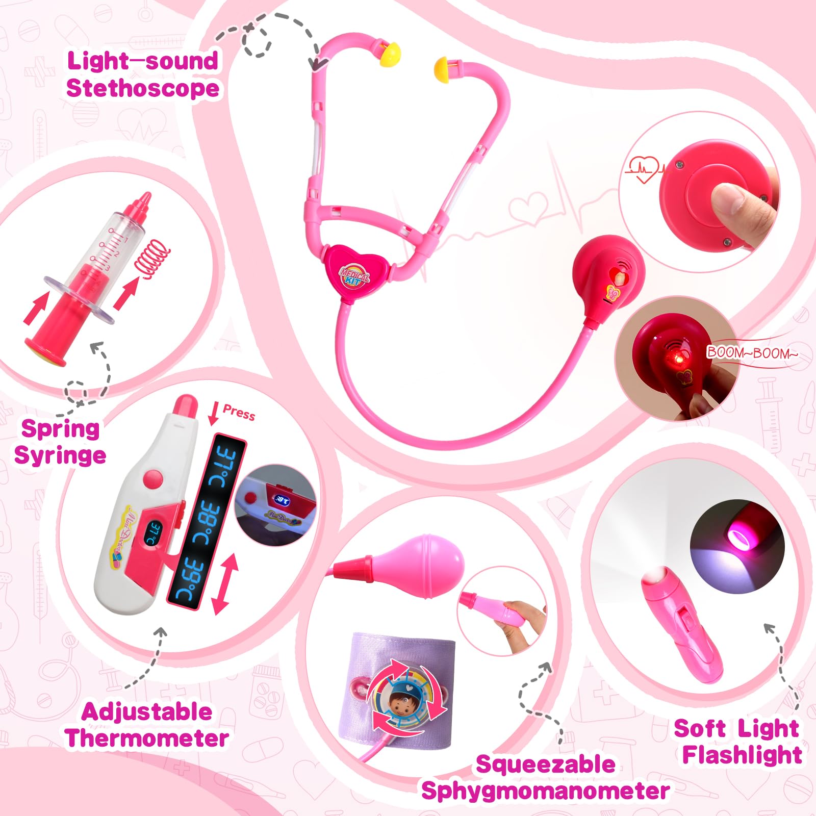 Fajiabao doctor kit glowing flashlight adds comforting light during imaginative visits.