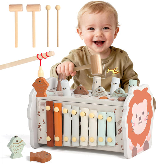 Fajiabao wooden pounding bench for toddlers strengthens fine motor skills during independent play.