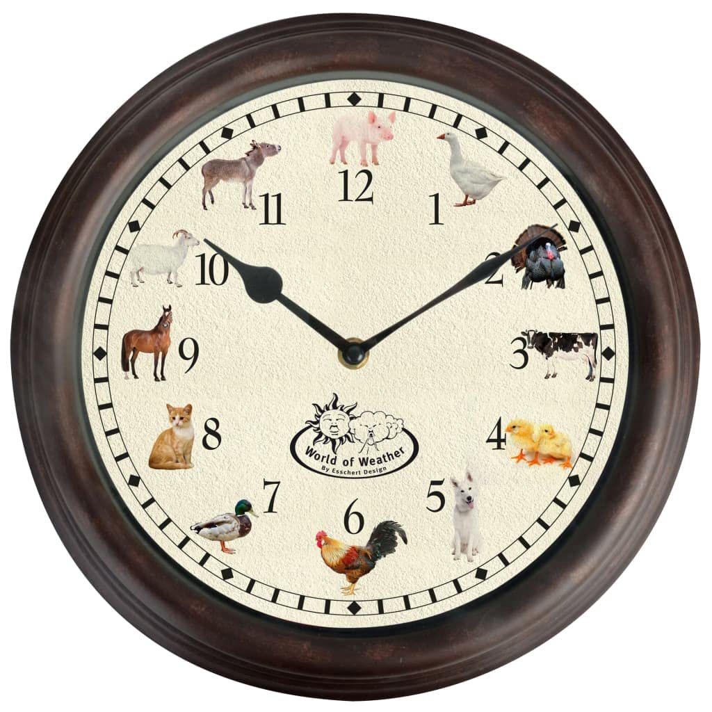 Fallen Fruits farm animal sounds clock front view with colorful farmhouse design