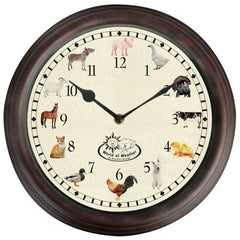 Fallen Fruits farm animal sounds clock front view with colorful farmhouse design