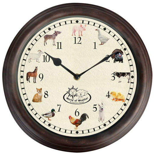 Fallen Fruits farm animal sounds clock wall mount setup in a cozy space