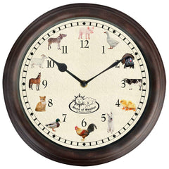 Fallen Fruits farm animal sounds clock wall mount setup in a cozy space