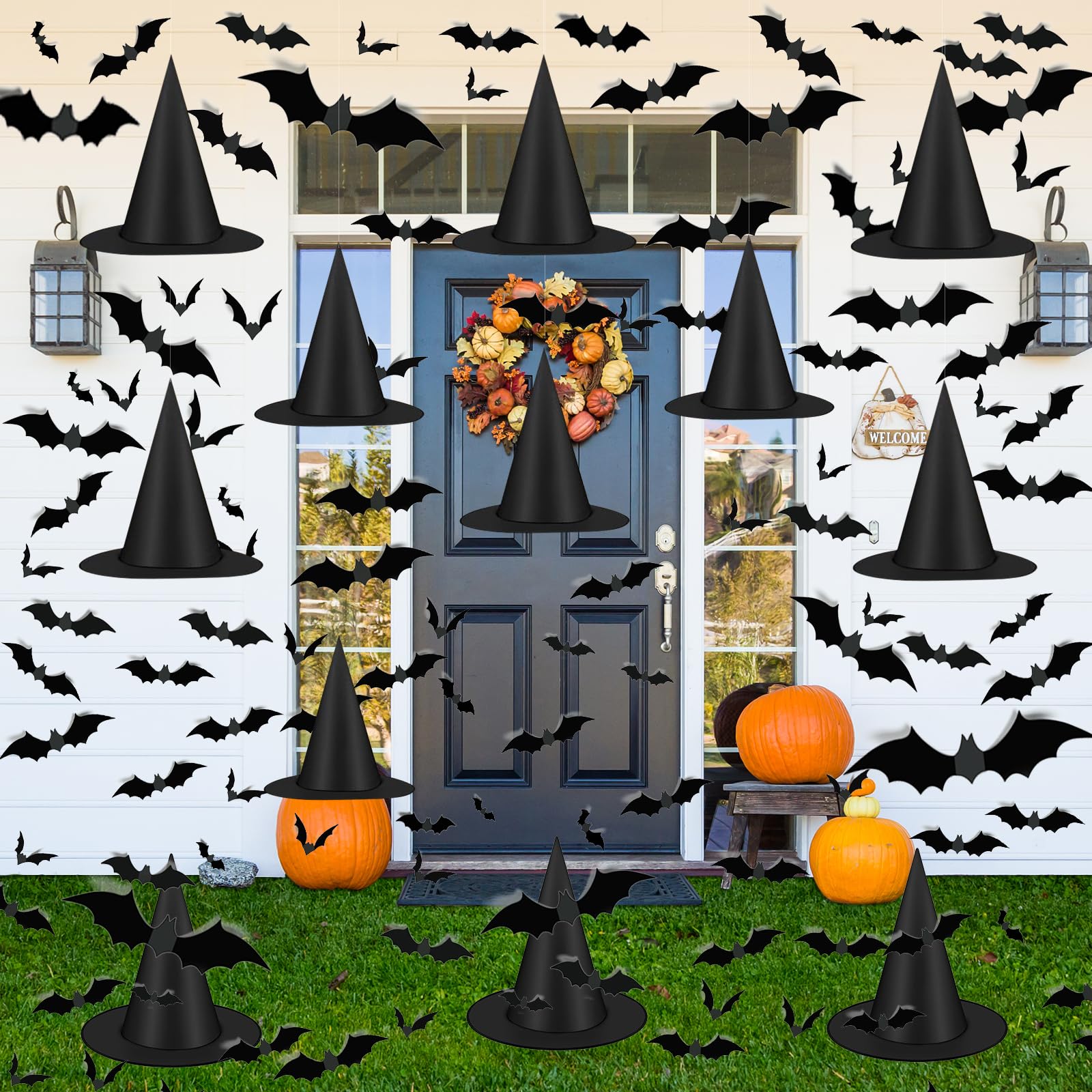Famoby witch hat close-up in black Oxford fabric, lightweight and durable for Halloween décor