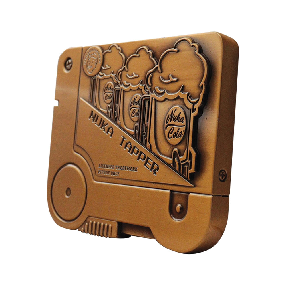 Fanattik Fallout Nuka Tapper Holotape display stand included supports elegant shelf presentation.
