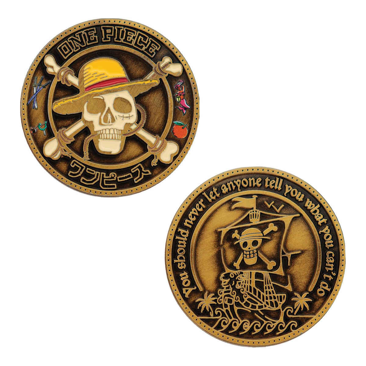 Fanattik One Piece coin front view with Jolly Roger for display