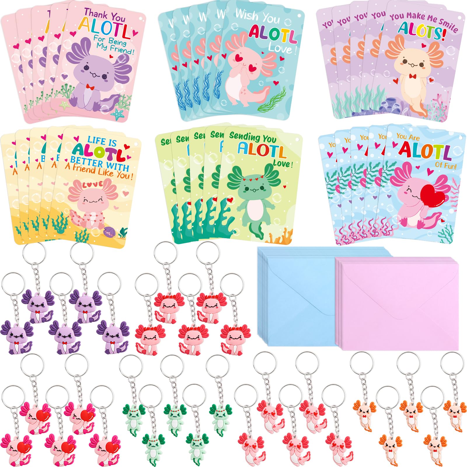Fancy Land axolotl valentines card front design for classroom exchanges.