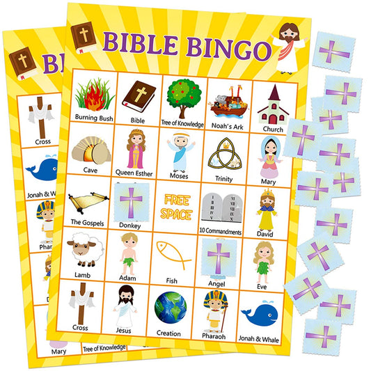 Fancy Land Bible Bingo card set helps kids stay engaged during lessons.