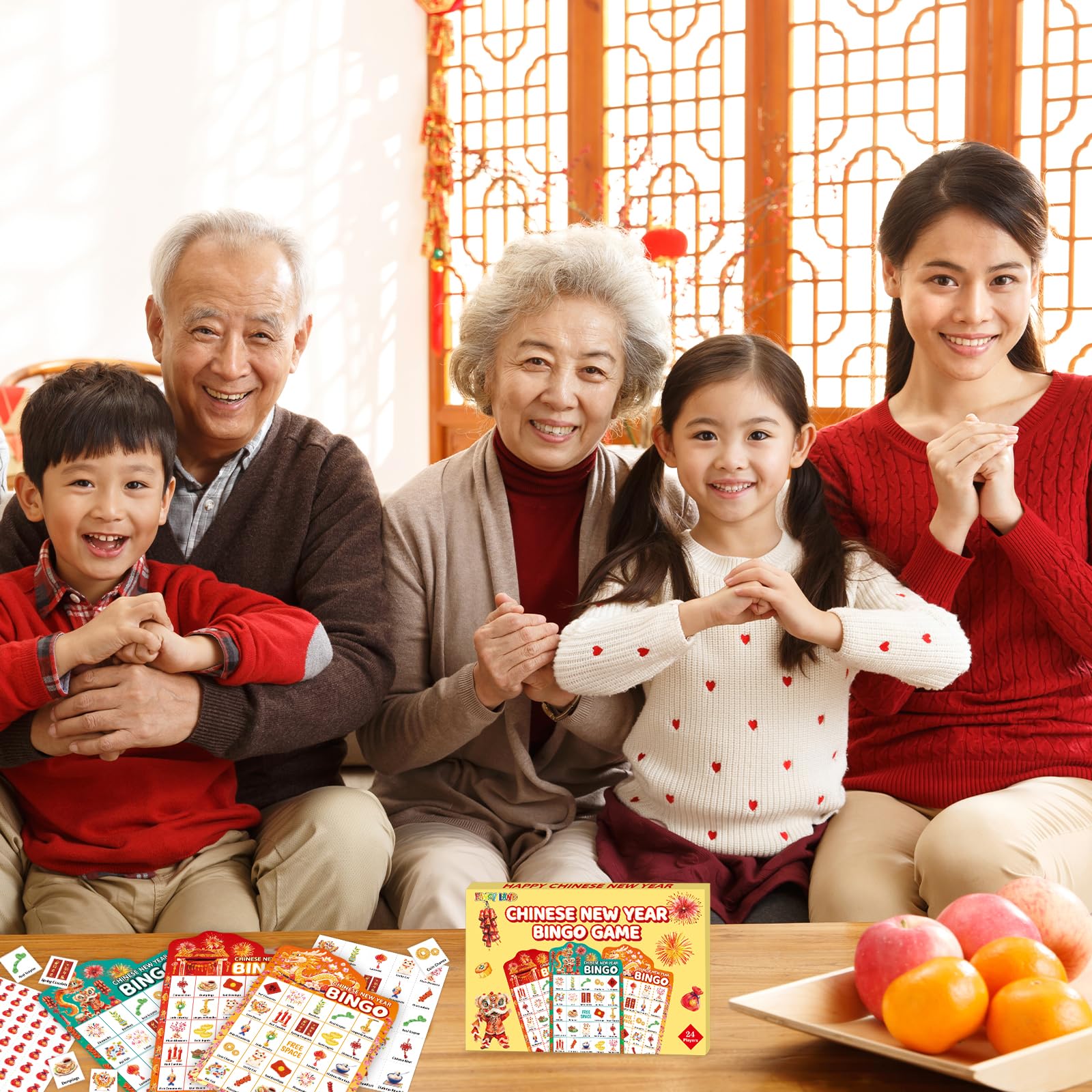 Fancy Land bingo card design features Fu, red envelope, and lion dance symbols