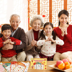 Fancy Land bingo card design features Fu, red envelope, and lion dance symbols