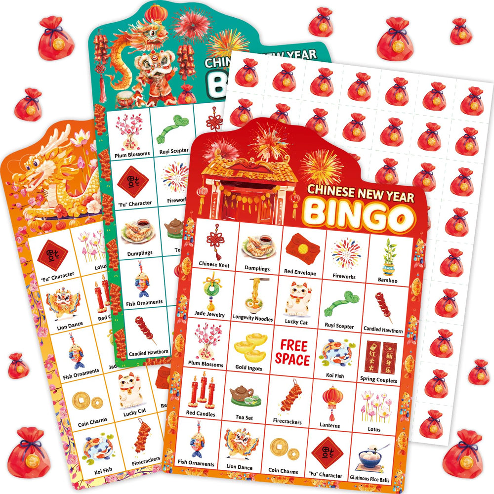 Fancy Land Chinese New Year bingo cards arranged for a family-friendly game night