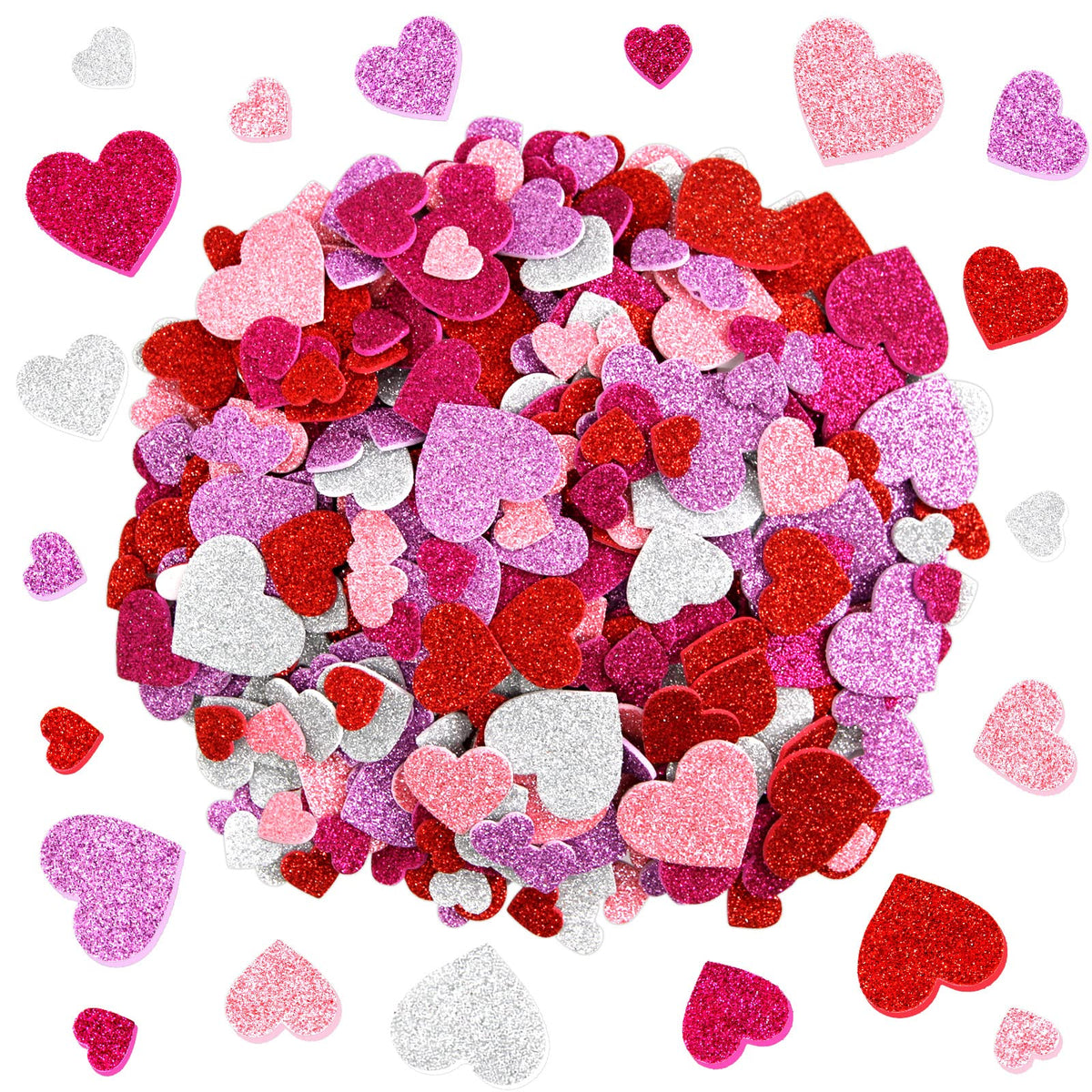 Fancy Land glitter heart stickers close-up for quick gift tags.