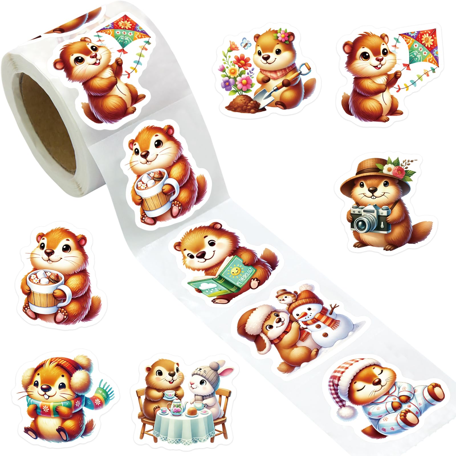 Fancy Land groundhog reading sticker adds charming detail to journals and scrapbooks.