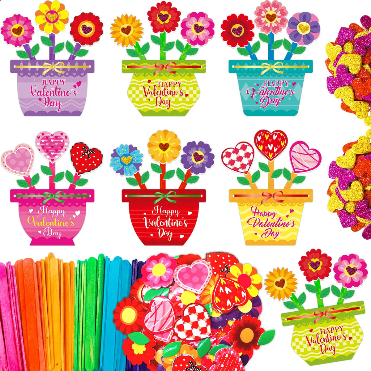 Fancy Land valentines day crafts 24-set package with colorful flower pot cards for classrooms.