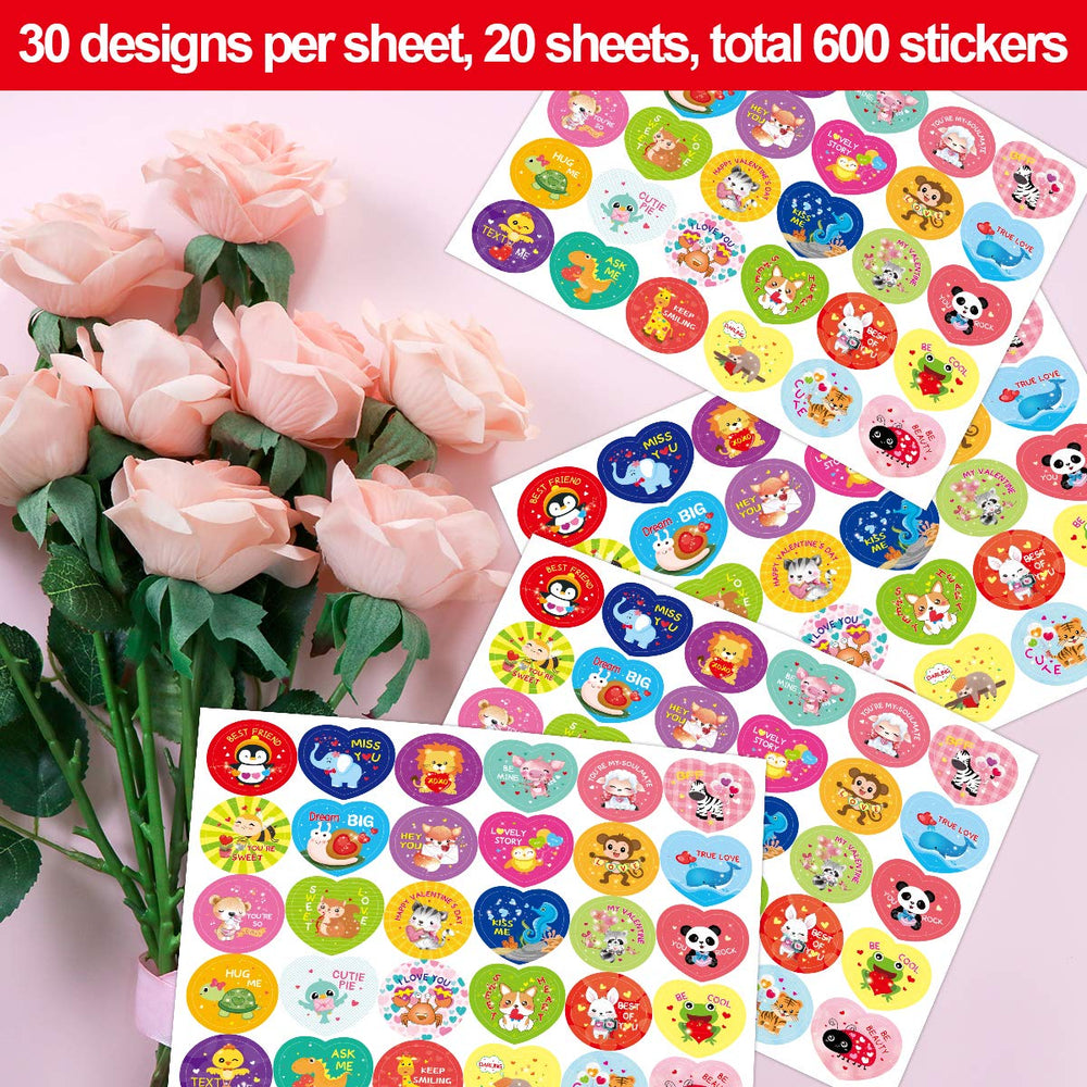Fancy Land valentines sheets closeup shows bright, easy-to-peel designs.
