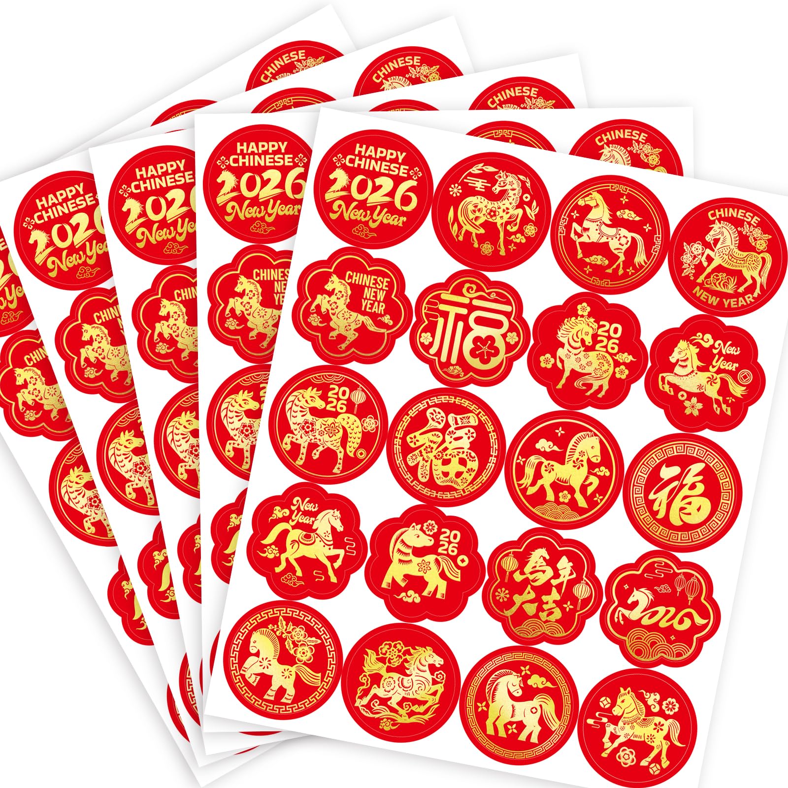 Fancy Land Year of the Horse stickers with gold and red hues for envelopes.