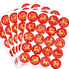 Fancy Land Year of the Horse stickers with gold and red hues for envelopes.