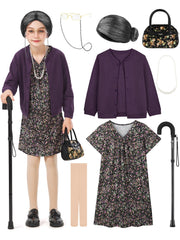 FancyFun eight-piece old lady costume cardigan for playful school events.